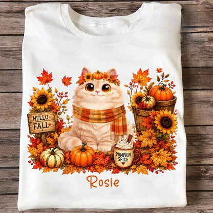 Hello Fall Personalized Cat Sweatshirt, Warm Autumn Cat Scene, Creative Gift for Cat Moms and Friends