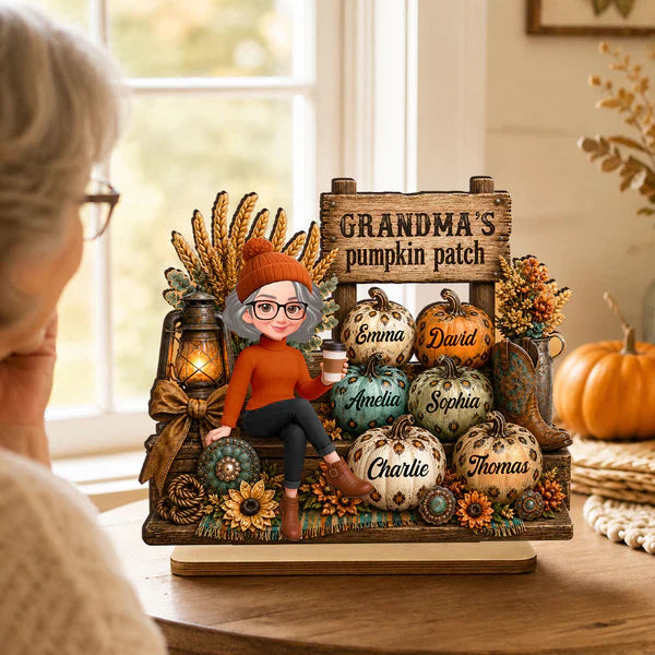 Personalized 2-Layer Wooden Plaque, Grandma Holding Coffee in Pumpkin Patch, Unique Gift for Grandma