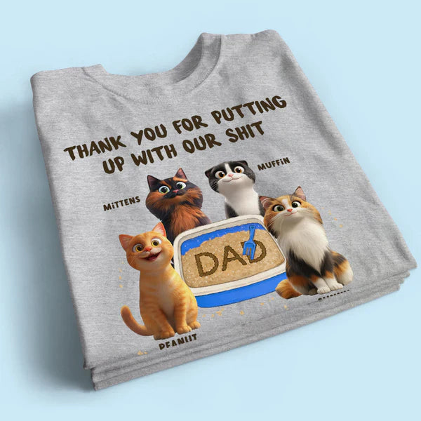 Personalized Classic Tee with Orange Cat & Litter Box, Funny Unique Gift for Cat Dad