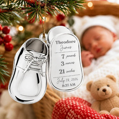 Personalized Acrylic Ornament, Silver Baby Shoe Hanging on a Festive Tree, Creative Keepsake Gift for Mom & Dad