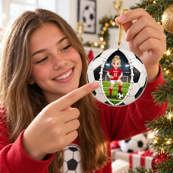 Personalized Acrylic Ornament, Girl Soccer Player Posing in Stadium, Unique Christmas Gift for Daughter