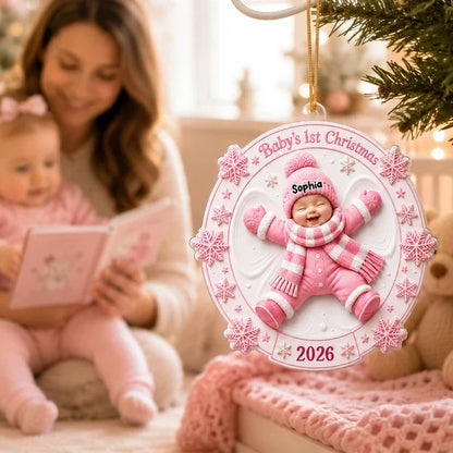 Personalized Acrylic Ornament, Smiling Baby Snow Angel in Pink, Unique Christmas Gift for New Parents