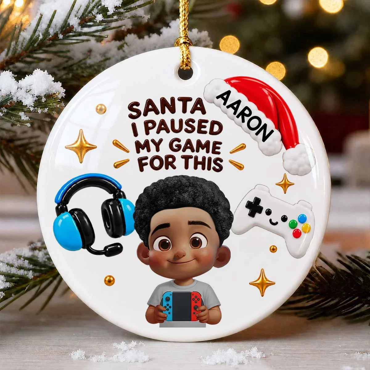 Personalized Ceramic Ornament, Cartoon Gamer Holding Controller by Christmas Tree, Unique Gift for Young Gamers