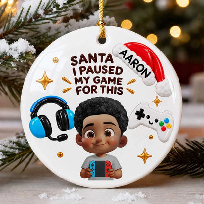 Personalized Ceramic Ornament, Cartoon Gamer Holding Controller by Christmas Tree, Unique Gift for Young Gamers