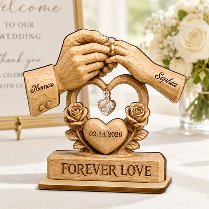 Personalized Layered Wooden Plaque For Couple, Unique Wedding Gift With Warm Ring Exchange Scene