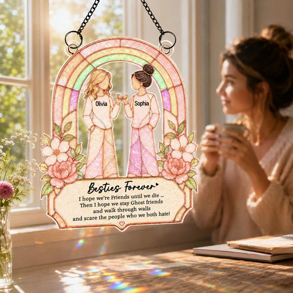 Personalized Acrylic Suncatcher Ornament, Pinky Promise Friends at Sunlit Window, Unique Gift
