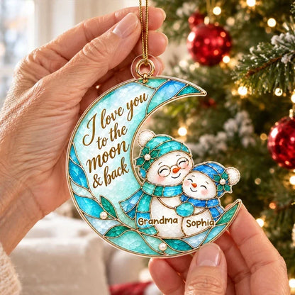 Personalized I Love You to the Moon & Back Acrylic Ornament, Hugging Snowmen, Creative Christmas Gift for Grandkids