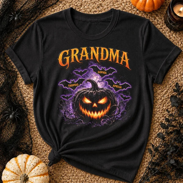 Personalized Grandma Classic Tee with Orange Jack O Lantern and Bats, Unique Halloween Gift