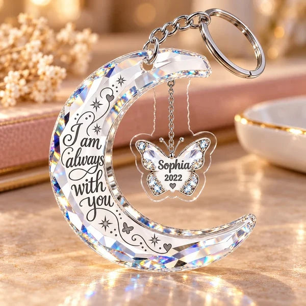 Personalized Acrylic Keychain, Crescent Moon & Butterfly Always With You Memorial, Unique Sympathy Gift