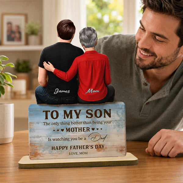 Custom Wooden Plaque for Son, Mom Resting Hand Artwork, Creative Heartfelt Gift from Mother