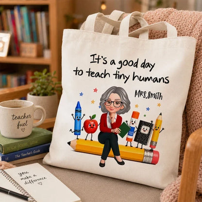 Personalized Teacher Tote Bag, Tiny Humans Classroom Illustration, Unique Back To School Gift