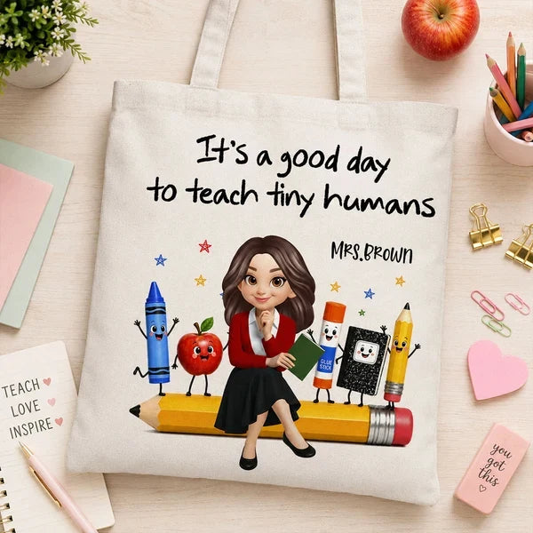 Personalized Teacher Tote Bag, Tiny Humans Classroom Illustration, Unique Back To School Gift