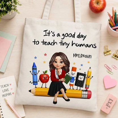 Personalized Teacher Tote Bag, Tiny Humans Classroom Illustration, Unique Back To School Gift
