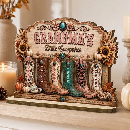 Personalized 2-Layer Wooden Plaque with Western Boots, Unique Gift for Grandma's Little Cowpokes