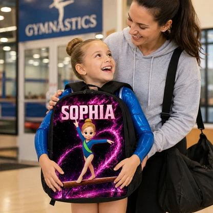 Kids School Backpack with Neon Gymnast Art, Unique Creative Gift to Cheer Daughter & Granddaughter