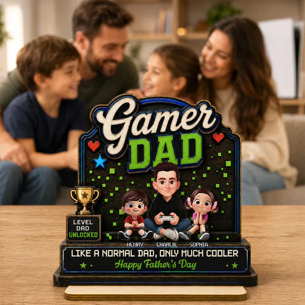 Personalized 2-Layer Wooden Plaque For Gamer Dad, Sitting Dad & Kids, Creative Father's Day Gift