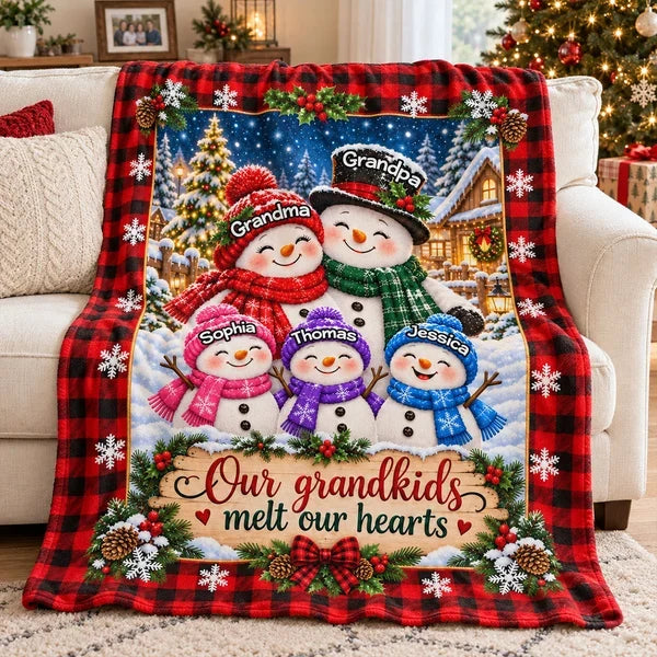 Personalized Fleece Blanket, Smiling Snowman Grandparents & Grandkids in Snowy Christmas Village, Unique Family Gift