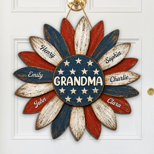 Personalized Grandma Wooden Sign, Patriotic Sunflower Porch Decor, Unique Creative Gift for Grandma