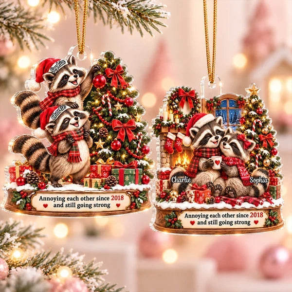 Personalized Acrylic Ornament, Funny Raccoon Couple Decorating a Christmas Tree, Unique Gift for Couples