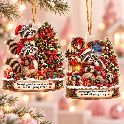 Personalized Acrylic Ornament, Funny Raccoon Couple Decorating a Christmas Tree, Unique Gift for Couples