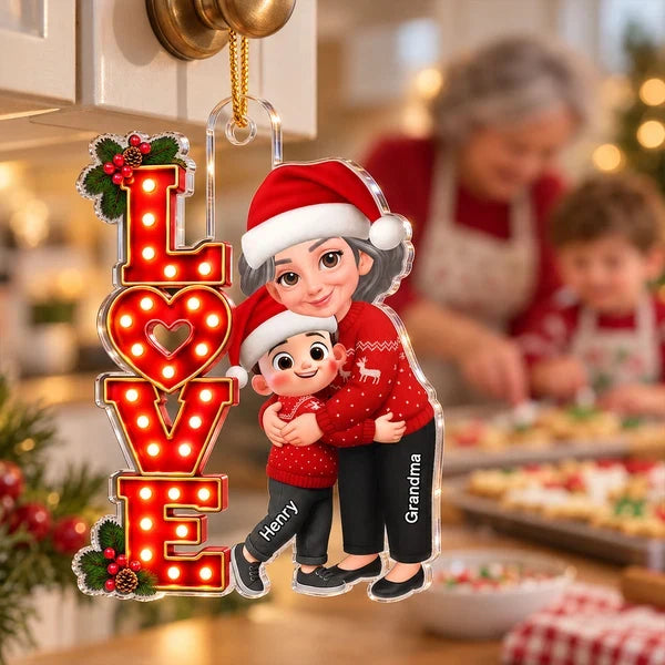 Personalized Acrylic Ornament, Grandma Hugging Granddaughter in Red Christmas Style, Creative Gift for Grandma