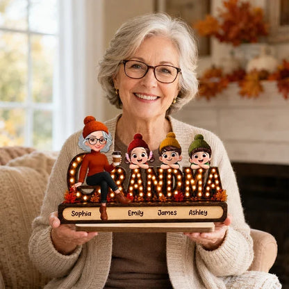 Personalized Wooden Plaque, Grandma with Grandkids Leaning on Marquee Letters, Creative Heartfelt Gift for Grandma