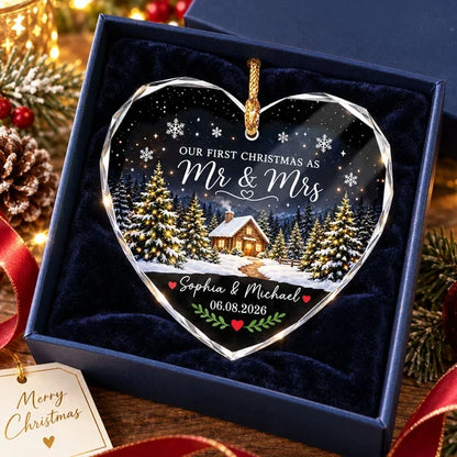 Personalized Crystal Heart Ornament, First Christmas as Mr & Mrs, Snowy Cabin Unique Gift for Couple