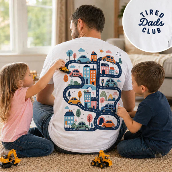 Personalized Classic Tee, Tired Dads Club & Play Cars on Dad's Back, Unique Father's Day Gift for Dad