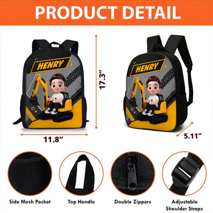 Personalized Kids School Backpack, Cute Excavator Ride Design, Unique Gift for Kids & Grandkids