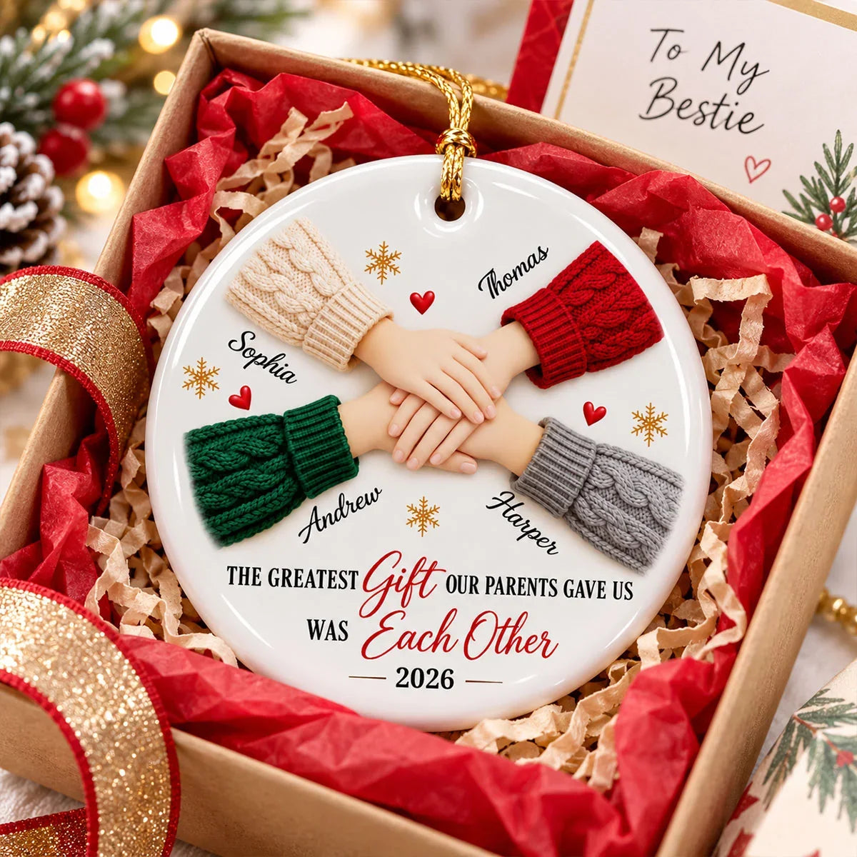 Personalized Ceramic Ornament, Sibling Bond Keepsake with Stacked Hands, Creative Holiday Gift for Family