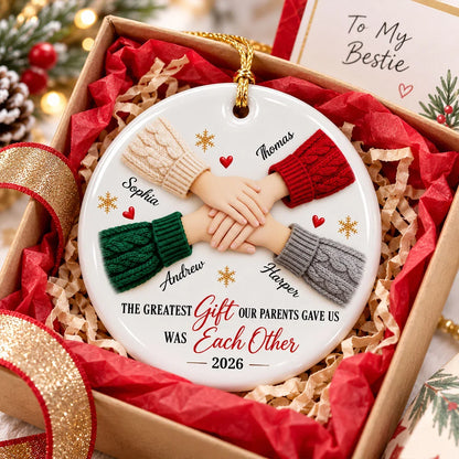 Personalized Ceramic Ornament, Sibling Bond Keepsake with Stacked Hands, Creative Holiday Gift for Family