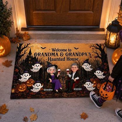 Personalized Standard Doormat, Seated Grandparents in Warm Orange Haunted House, Unique Halloween Gift for Grandparents