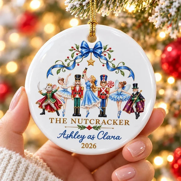 Personalized Ceramic Ornament with Dancing Ballerinas and Nutcracker Cast, Unique Gift for Ballet Dancers