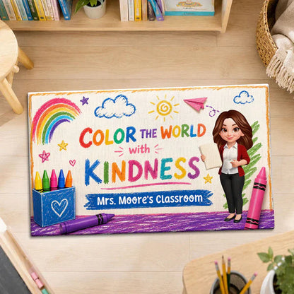 Personalized Standard Doormat With Standing Teacher & Kindness Quote, Unique Back To School Gift