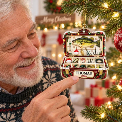 Fishing Tackle Box Ornament, Personalized Bass & Lure Keepsake, Creative Christmas Gift for Husband or Angler