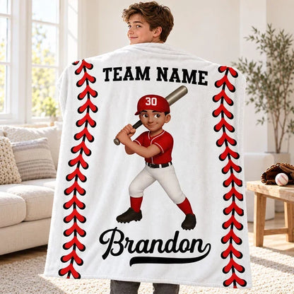 Personalized Fleece Blanket, Cartoon Baseball and Softball Player Holding a Bat, Unique Gift for Son or Daughter