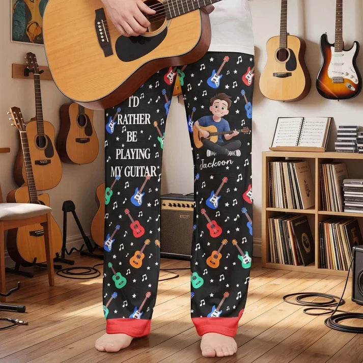 Personalized Printed Lounge Pants, Cartoon Musician Playing Guitar, Colorful Unique Gift for Guitarists