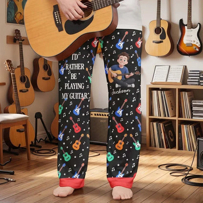 Personalized Printed Lounge Pants, Cartoon Musician Playing Guitar, Colorful Unique Gift for Guitarists