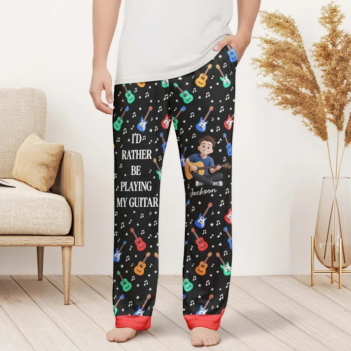 Personalized Printed Lounge Pants, Cartoon Musician Playing Guitar, Colorful Unique Gift for Guitarists