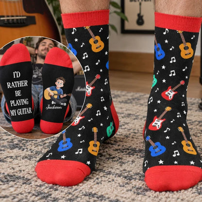 Personalized Crew Socks with Guitar-Playing Character, Colorful Music Notes, Creative Gift for Guitarists