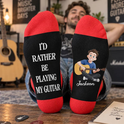 Personalized Crew Socks with Guitar-Playing Character, Colorful Music Notes, Creative Gift for Guitarists