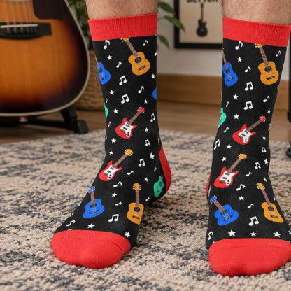 Personalized Crew Socks with Guitar-Playing Character, Colorful Music Notes, Creative Gift for Guitarists