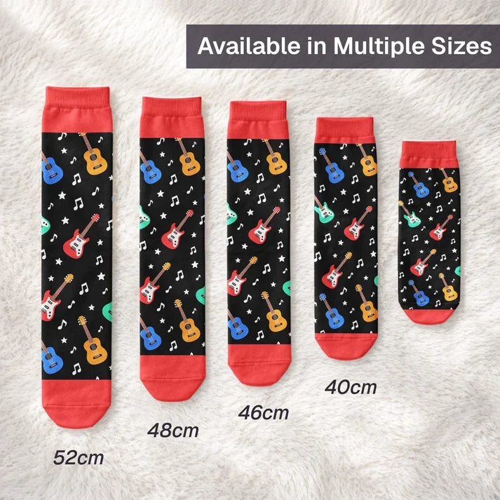 Personalized Crew Socks with Guitar-Playing Character, Colorful Music Notes, Creative Gift for Guitarists