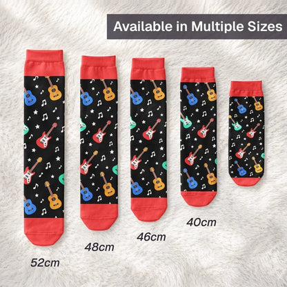 Personalized Crew Socks with Guitar-Playing Character, Colorful Music Notes, Creative Gift for Guitarists