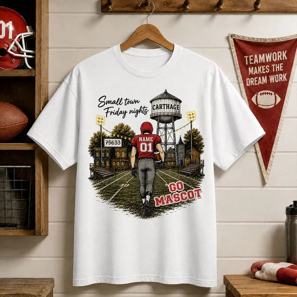 Personalized Classic Tee, Player Walking into a Green & Gold Friday Night Football Scene, Creative Gift for Mom