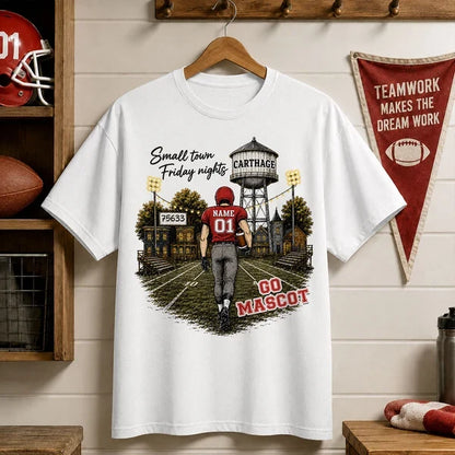 Personalized Classic Tee, Player Walking into a Green & Gold Friday Night Football Scene, Creative Gift for Mom
