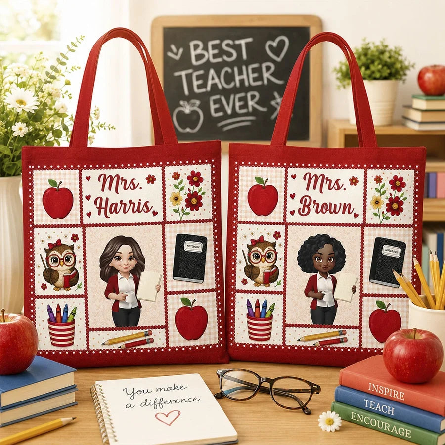 Personalized Teacher Tote Bag With Apple Classroom Art, Unique Gift For Teacher