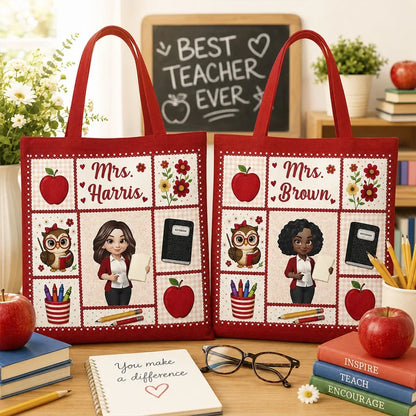 Personalized Teacher Tote Bag With Apple Classroom Art, Unique Gift For Teacher