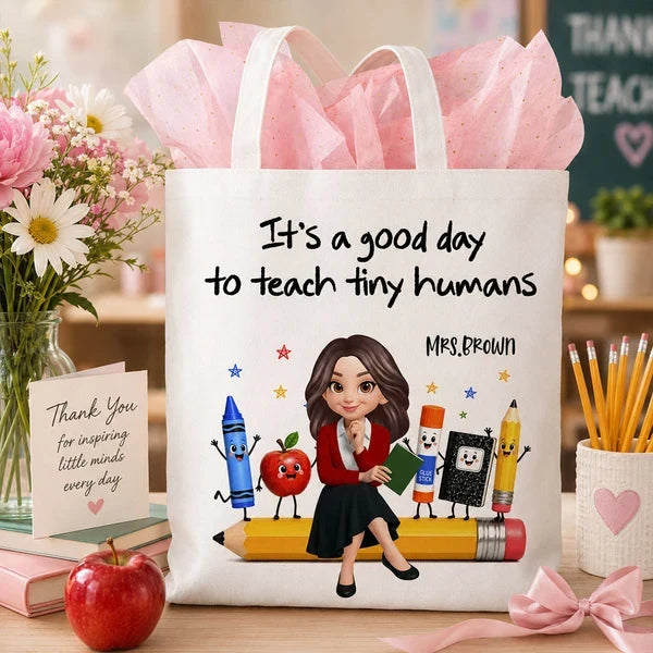Personalized Teacher Tote Bag, Tiny Humans Classroom Illustration, Unique Back To School Gift