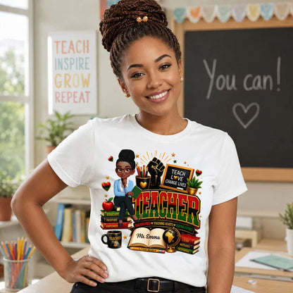 Personalized Classic Tee for African American Teacher, Teach Love Graphic, Unique Creative Gift for School
